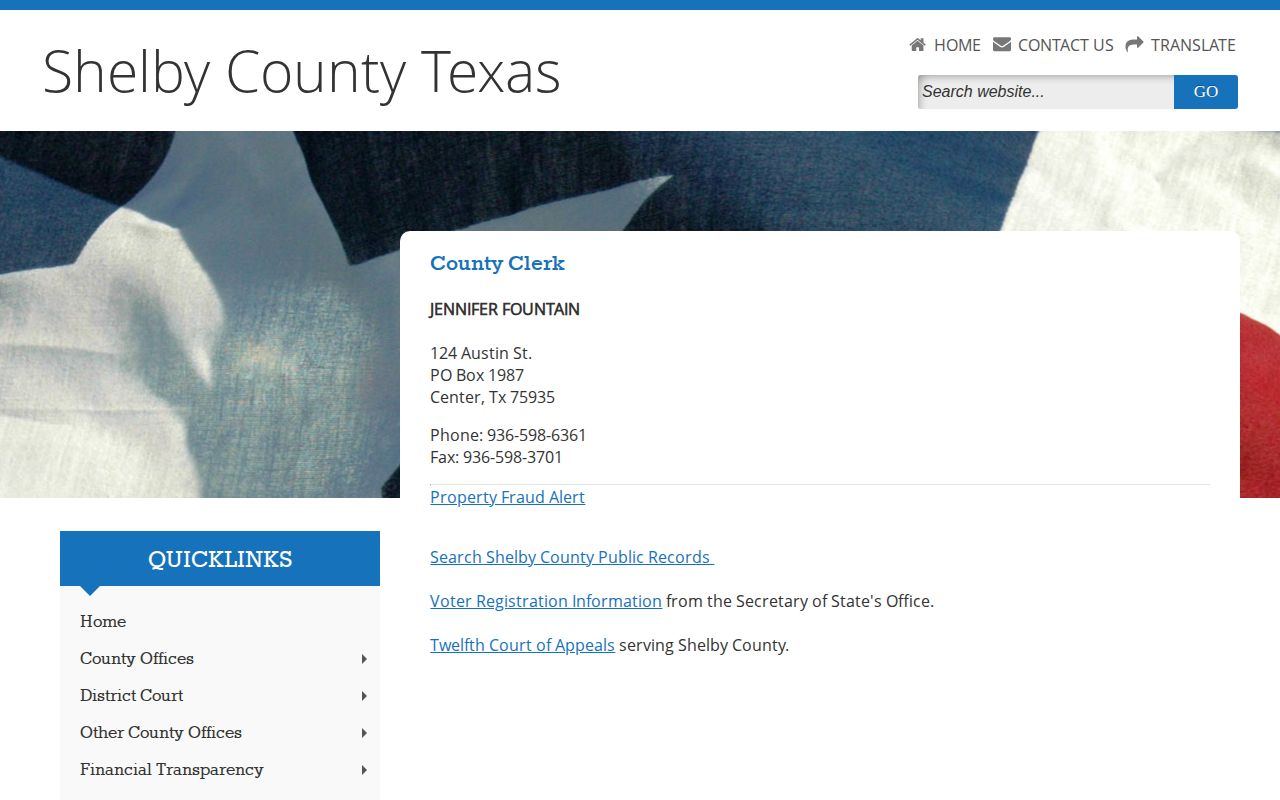 Shelby County warrant-record source showing County Clerk contact and public-record search information