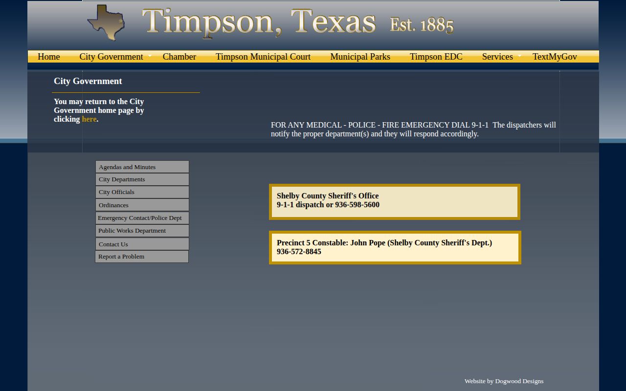 Timpson emergency contact page showing 911 and Shelby County Sheriff’s Office routing